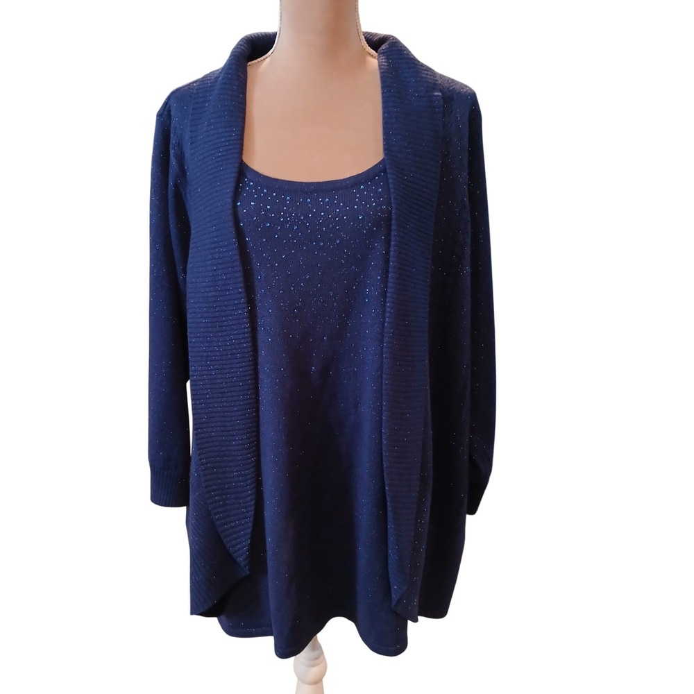 Laura Scott 2x Blue Shimmer Rhinestone Layered Sweater Twofer Womans New